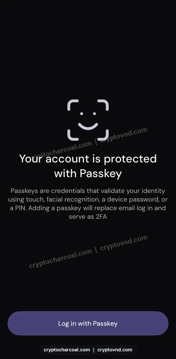 이더파이의 Log in with Passkey 로그인 화면