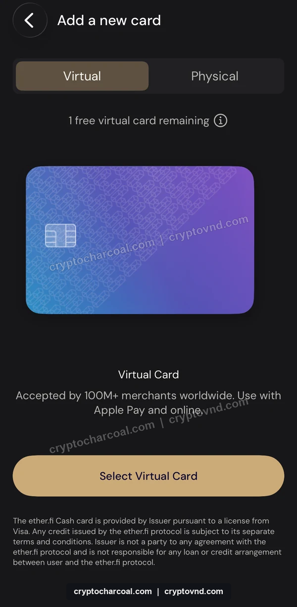 이더파이 Virtual 탭의 무료 가상카드 한 장