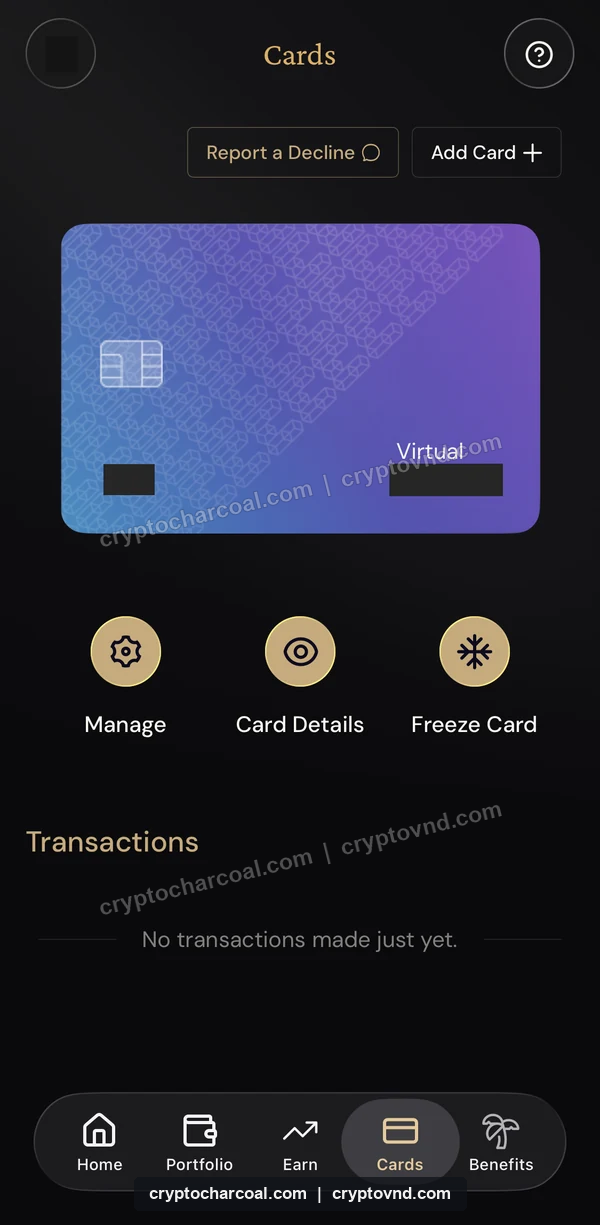 발급된 이더파이 가상카드와 Card Details 관리 메뉴